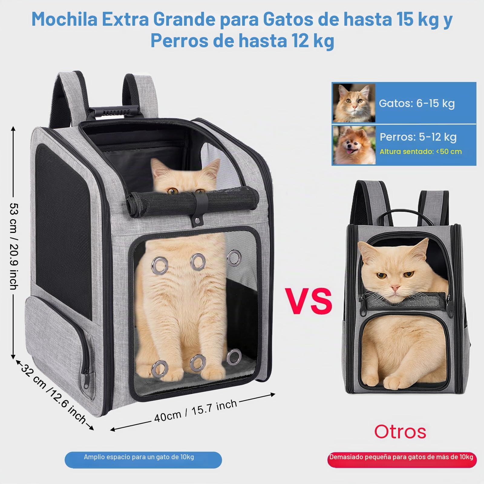 Mochila Transportín para Gatos Grandes hasta 15 kg y Perros Pequeños 12 kg, con Panel Acrílico Transparente, Malla Transpirable, Almohadilla Lumbar Acolchada y Cojín Desmontable y Lavable