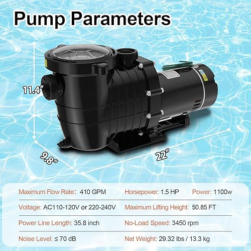 Miniatura 4 de MEZOO Bomba de piscina de doble voltaje 1.5HP 6498GPH, bombas equipadas con ahorro de energía autocebante con cesta de filtro, para piscinas