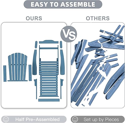 Miniatura 6 de Silla Adirondack plegable de madera de gran tamaño con otomana, respaldo y tabla de asiento premontados, silla de descanso para patio al aire libre,