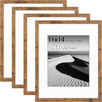 11x14 Picture Frame Set of 4, Display 8x10 Photo with Mat or 11x14 Art Print without Mat, Made of Engineered Wood Covered by Plexiglass, Vintage Brown Picture Frames Collage Wall Decor, Gallary Wall Frame