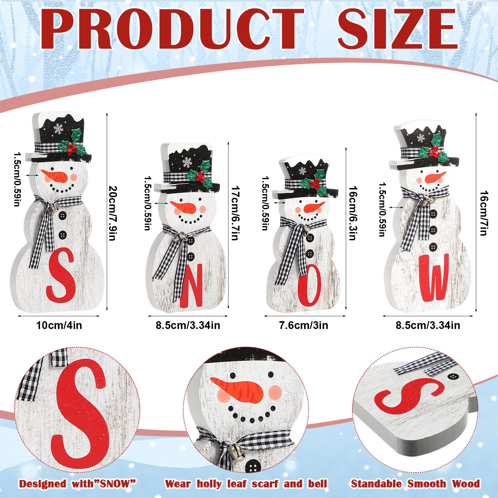 Wenqik 4 piezas de decoración de mesa de muñeco de nieve de madera de Navidad, muñeco de nieve escalonado, decoración de madera, muñeco de nieve, decoración rústica, decoraciones de Navidad para
