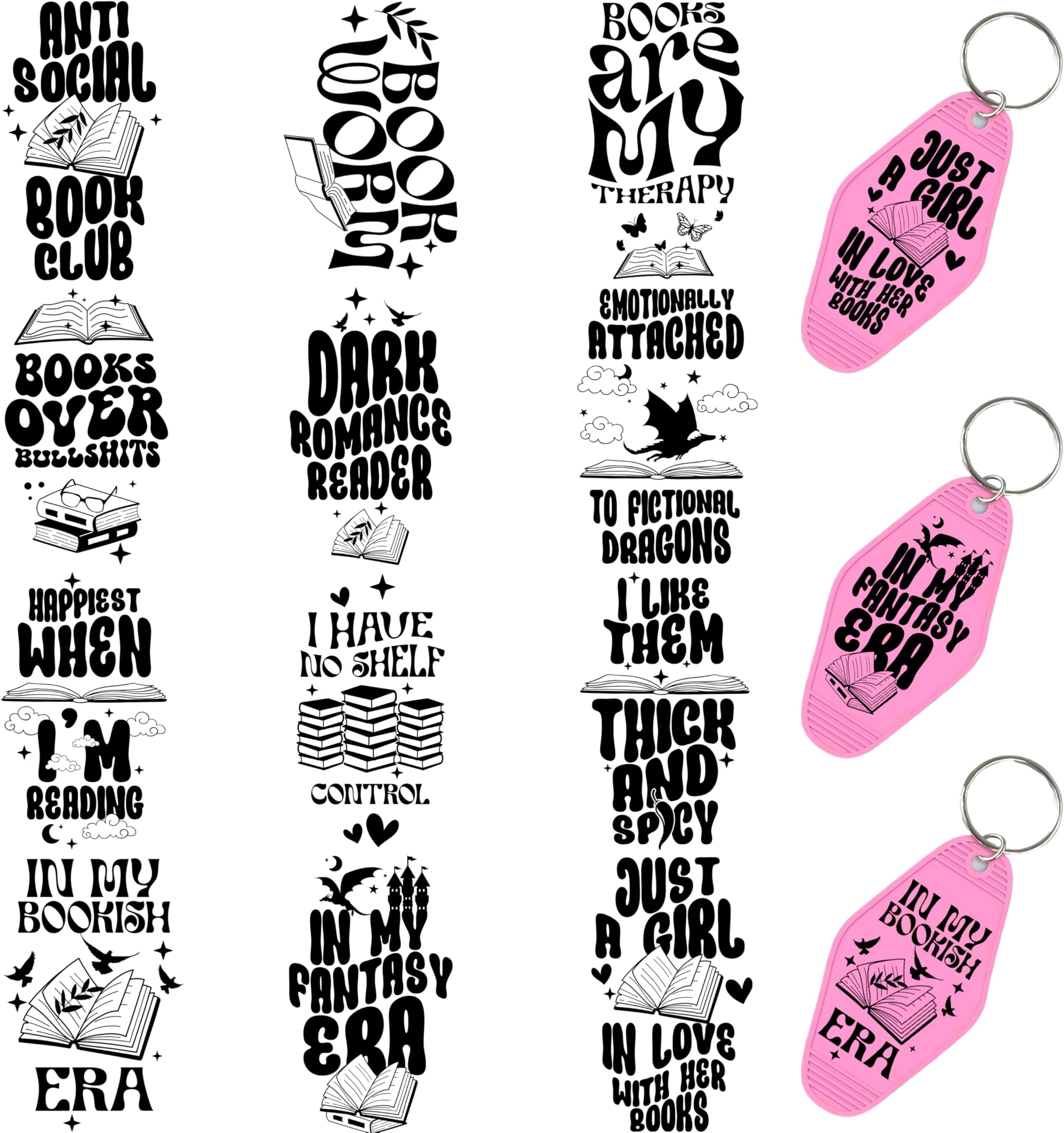 60pcs UV DTF Keychain Transfer Papers - Vinyl Decals for Keys & Luggage Tags, Funny Designs with Scratch-Resistant Coating, Transfer Papers for Hotel Keycards (Book Lover)
