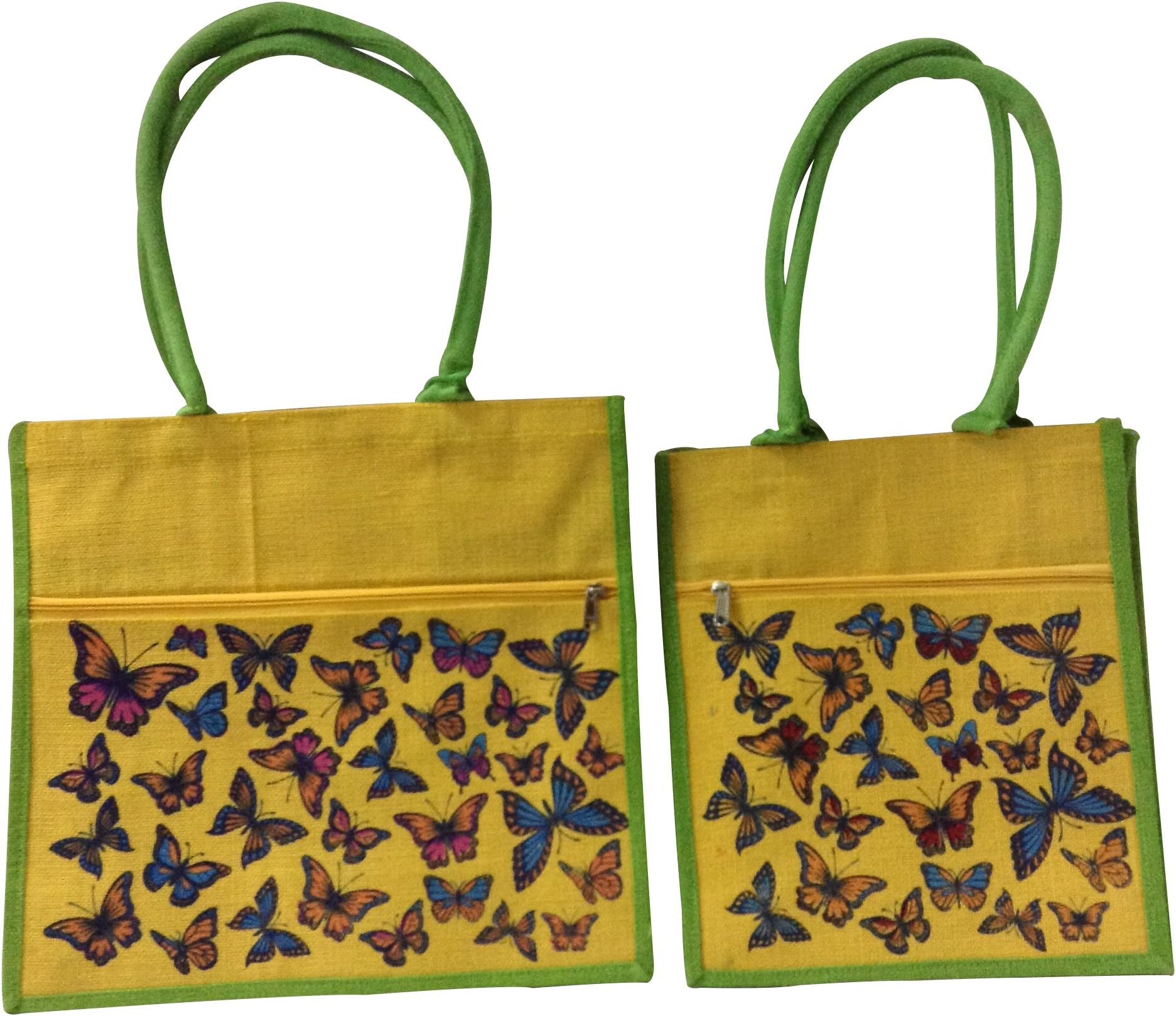 Jutewalla Reusable Shopping Bags (2 Pack: 1 Big and 1 Small) with Zipper and Pockets, Handmade, Eco-friendly, Premium Natural Jute Grocery Tote, Handprinted Butterflies Design