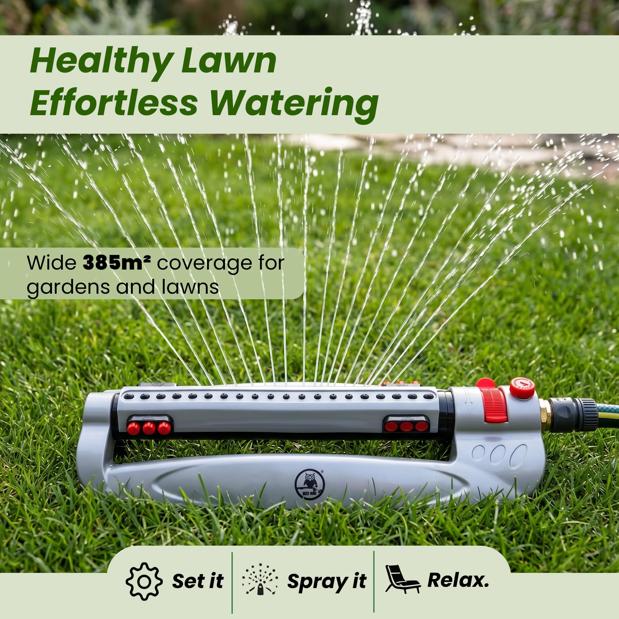 GARDENIX Irrigatore oscillante turbo in metallo con 20 ugelli, copertura di 385 m², portata regolabile, controllo del flusso e blocco del tubo a scatto rapido
