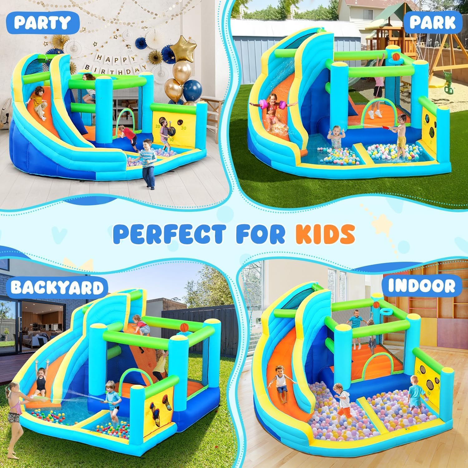 Parco acquatico gonfiabile con scivolo, spruzzatore, trampolino, piscina, parete da arrampicata e canestro da basket, include ventilatore d'aria, casa di rimbalzo all'aperto per bambini e bambini, può