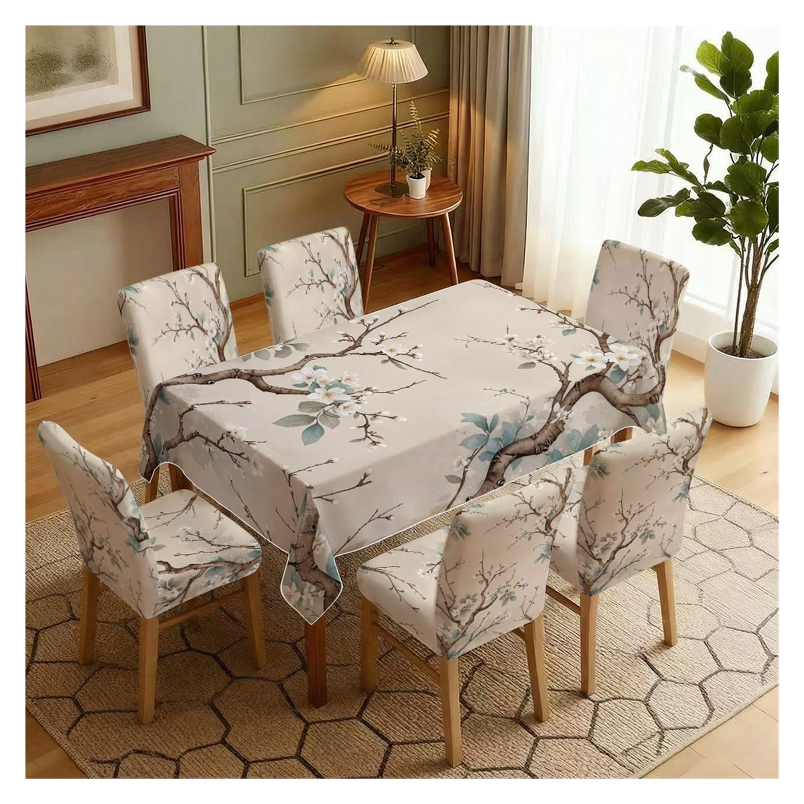 BOSUYBN Vintage Watercolor Plum Blossom Branch Printed Dining Tablecloth & Chair Covers Set, 5/7 Piece Neutral Minimal Japandi Cottage Dining Decor Table Setting(7pcs Set: Tablecloth+Chair Covers)