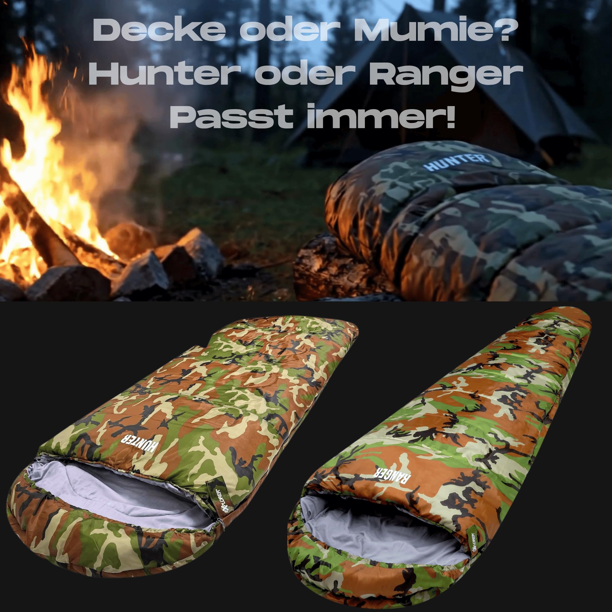 EXPLORER Camouflage Schlafsack [350GSM] 1950g Extremtemperatur bis zu -18°C in Tarnmuster BW Schlafsack XXL 220x80cm für Camping, Angeln, Outdoor, Jagd. 4-Jahreszeiten-geeignet