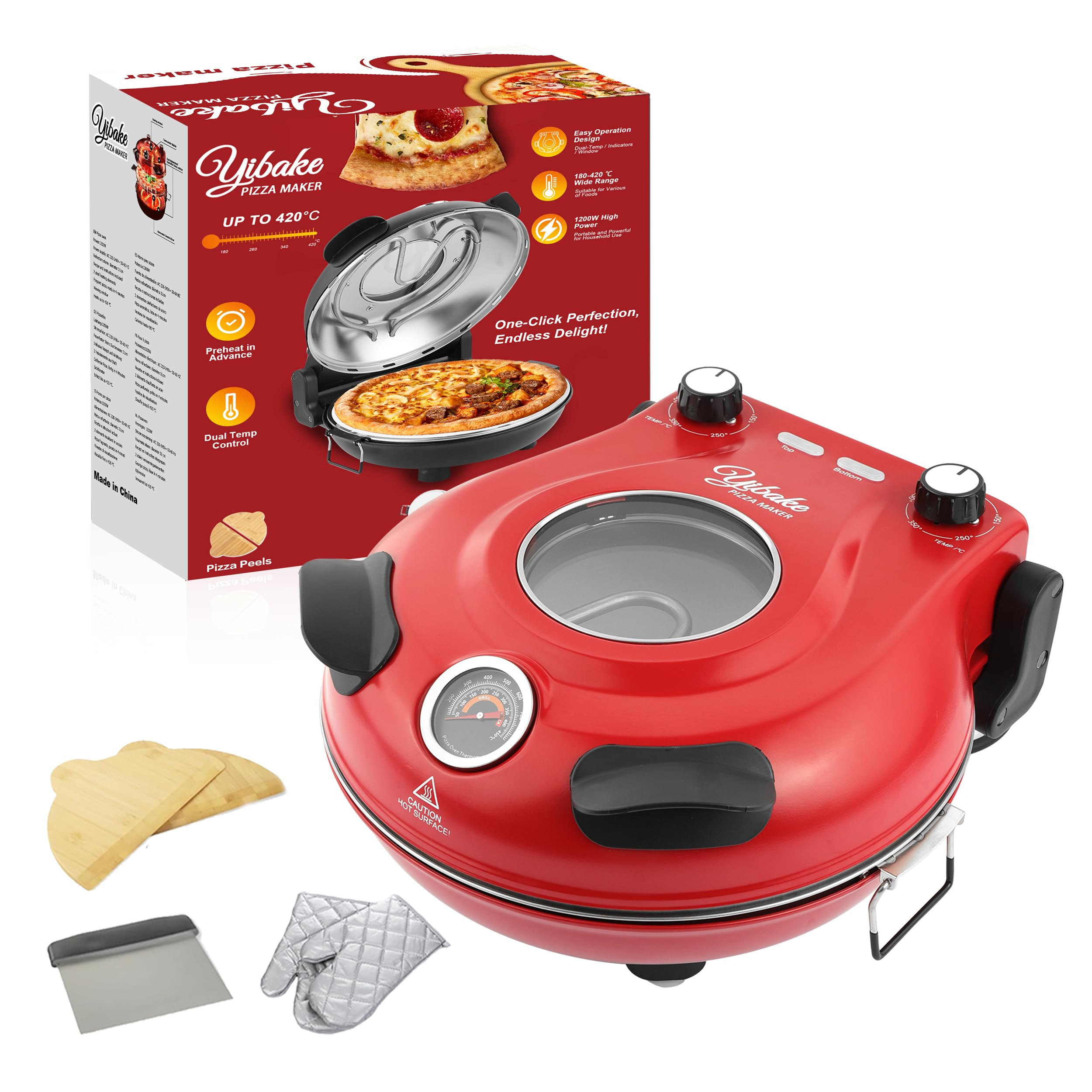 YIBAKE Electric-Pizza-Oven, 31cm Pizza Stone, 1200W Countertop-Pizza-Maker, 4-Min-Pizza in Pizza Oven Indoor, Dual Temp control, with Pizza Peels & Scraper Red