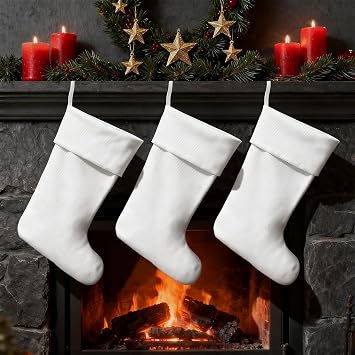 3 Pack White Christmas Stockings 18 Inch Soft Plush Xmas Stocking for Christmas Holiday Xmas Gift Hanging Fireplace Decorations