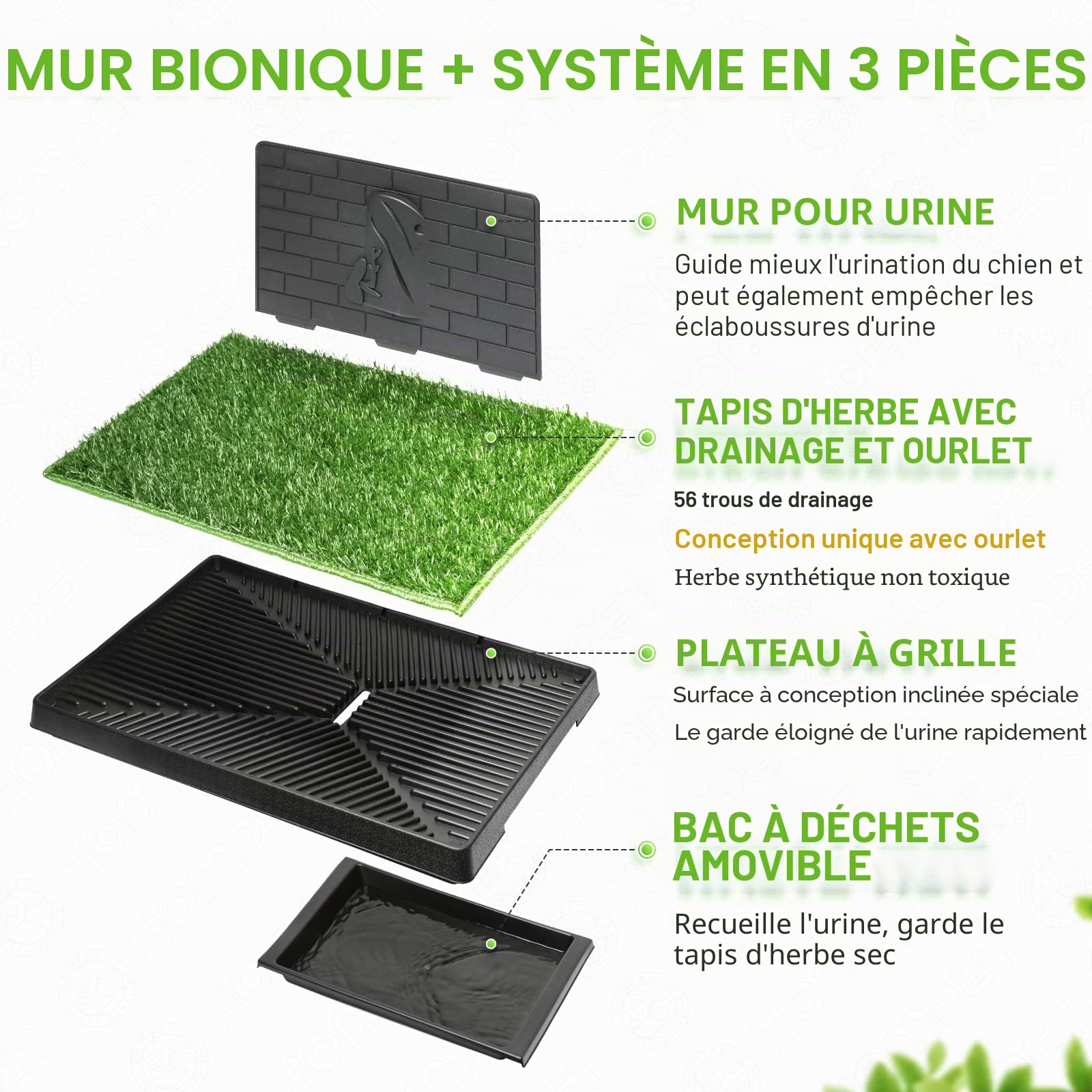 Hompet Tapis d'herbe pour chien avec plateau grand, tapis d'apprentissage de la propreté avec cloison d'urine, patch de gazon artificiel pour une utilisation en intérieur et en extérieur