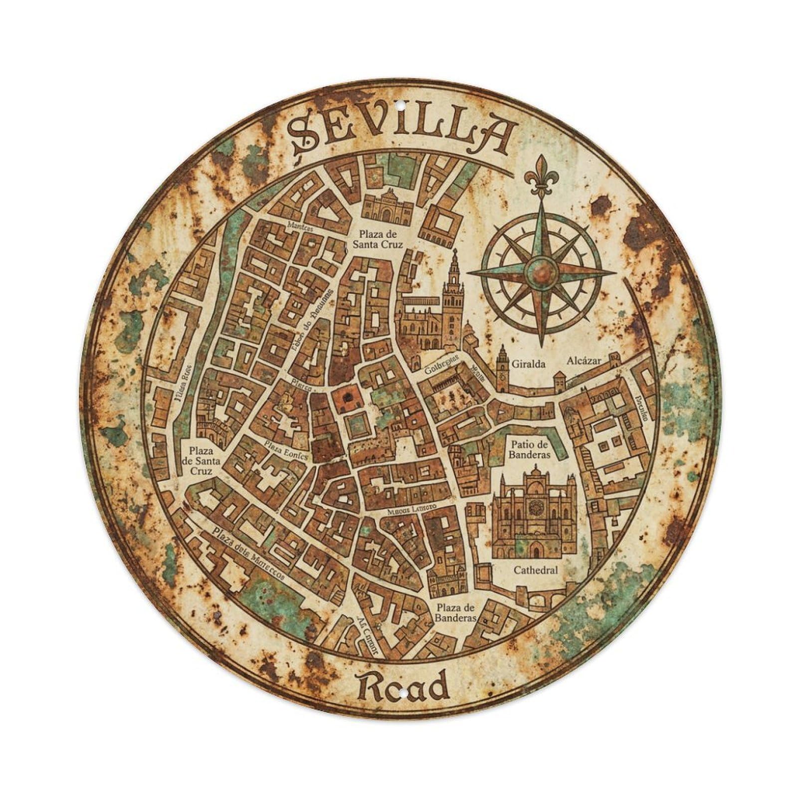 Vintage Travel Seville Spain Street Vintage Metal Tin Sign Plaque Wall Decor for Cafe, Club Bar, Office, Garden Metal Poster 8x8Inch