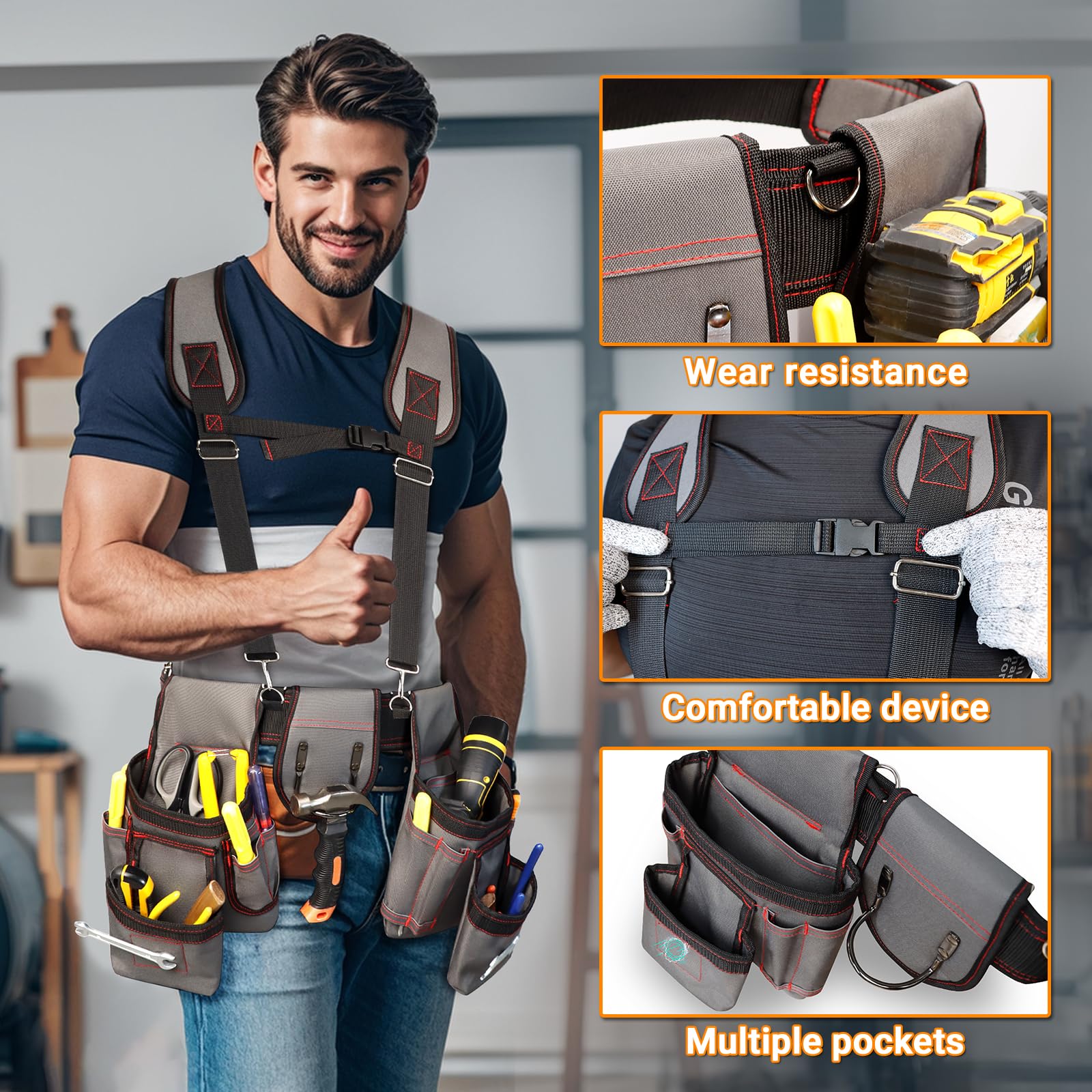 Ceinture à outils professionnelle à 18 poches, ceinture utilitaire réglable, pochette à outils de construction robuste pour électricien, jardinage, charpentier