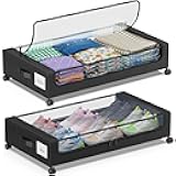 Under Bed Storage with Wheels, 2-Pack Under Bed Storage Containers with Clear Lids, XXL 60L Under the bed storage Organizer Bins, Rolling Under Bed Metal Drawer for Clothes,Shoes,Toys (Black, 2 Pack)