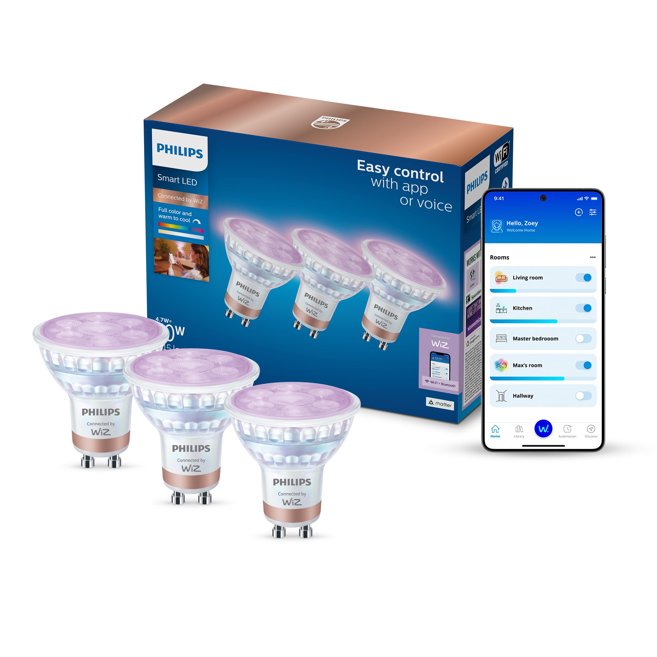 Smart RGB GU10 Szklana Żarówka LED, 3 szt., B22, 345 lm, Kolorowe i Regulowane Białe 2200–6500 K, Mocne Przyciemnianie, Connected by WiZ, Alexa, Google Home, Apple Home