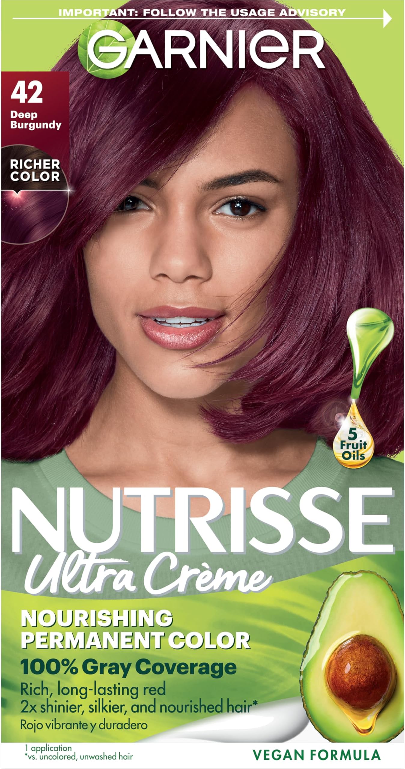 Nutrisse Ultra Crème Hair Color, Permanent Hair Dye with 100% Gray Coverage, Vegan & Cruelty-Free, 42 Deep Burgundy (Black Cherry), 1 Count