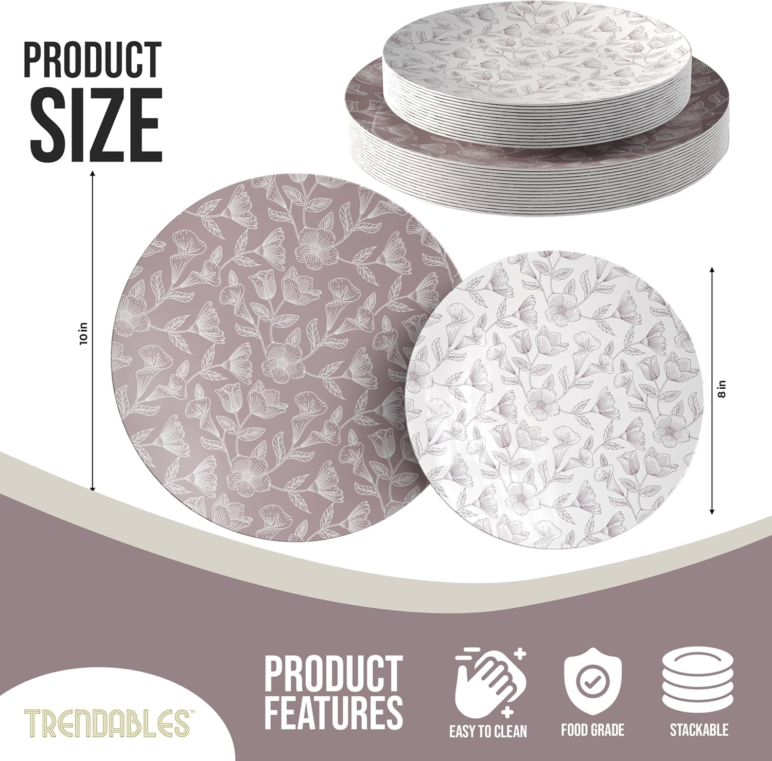 Trendables Disposable Dinnerware Decorative Plates Plastic Disposable Plates Set For 20 Guests 20 x 8 Inch Dessert Plate & 20 x 10 Inch Wedding Party Plate Set Blossom Circle - Image 2