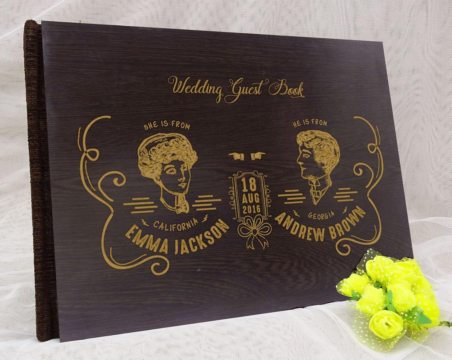 Personalized Name Engraved Wood Wedding Guestbook Bride & Groom Advice Book Rustic Wedding Guest Book - 50 Pages