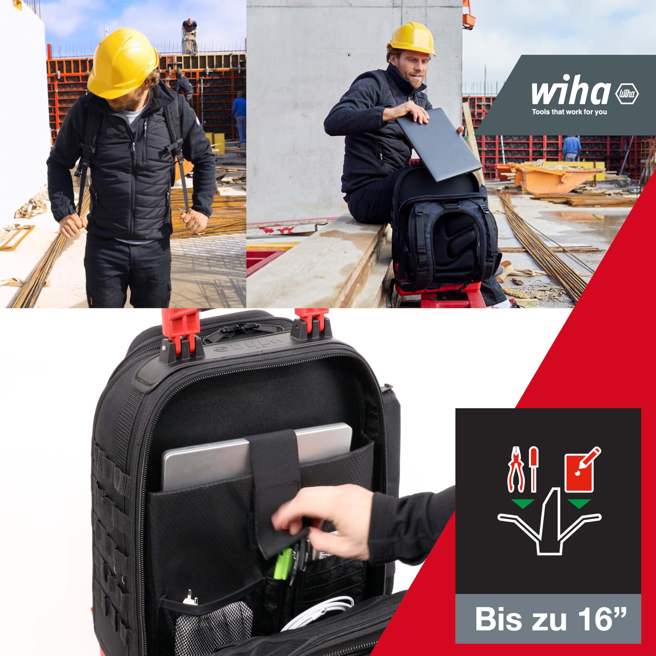 Wiha Elektriker Werkzeugrucksack 27-tlg. I mit Elektriker Grundausstattung I stabiler Standboden I mit Laptopfach I Taschen für Zubehör (45528) | (45528) Arbeitsrucksack I stabiler Standboden I mit Laptopfach I Taschen für Zubehör I Werkzeugtasche für Ele