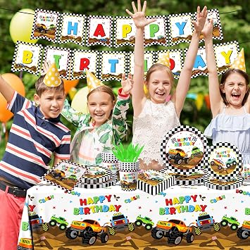 Monster Truck Party Supplies,Monster Machine Happy Birthday Checkered Tableware Sets Include Monster Trucks Theme Party Paper Plate Napkins for Monster Truck Birthday Party Decorations