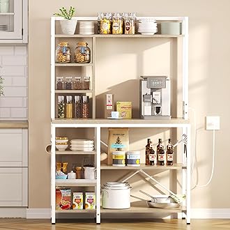 YITAHOME Microwave Stand Bakers Rack w Power Outlet, Coffee Bar Kitchen Freestanding Utility Storage Shelf for Pantry Appliance Spice Pot Pan Organizer w Thickened Counter 6 Hook 39", Oak & White