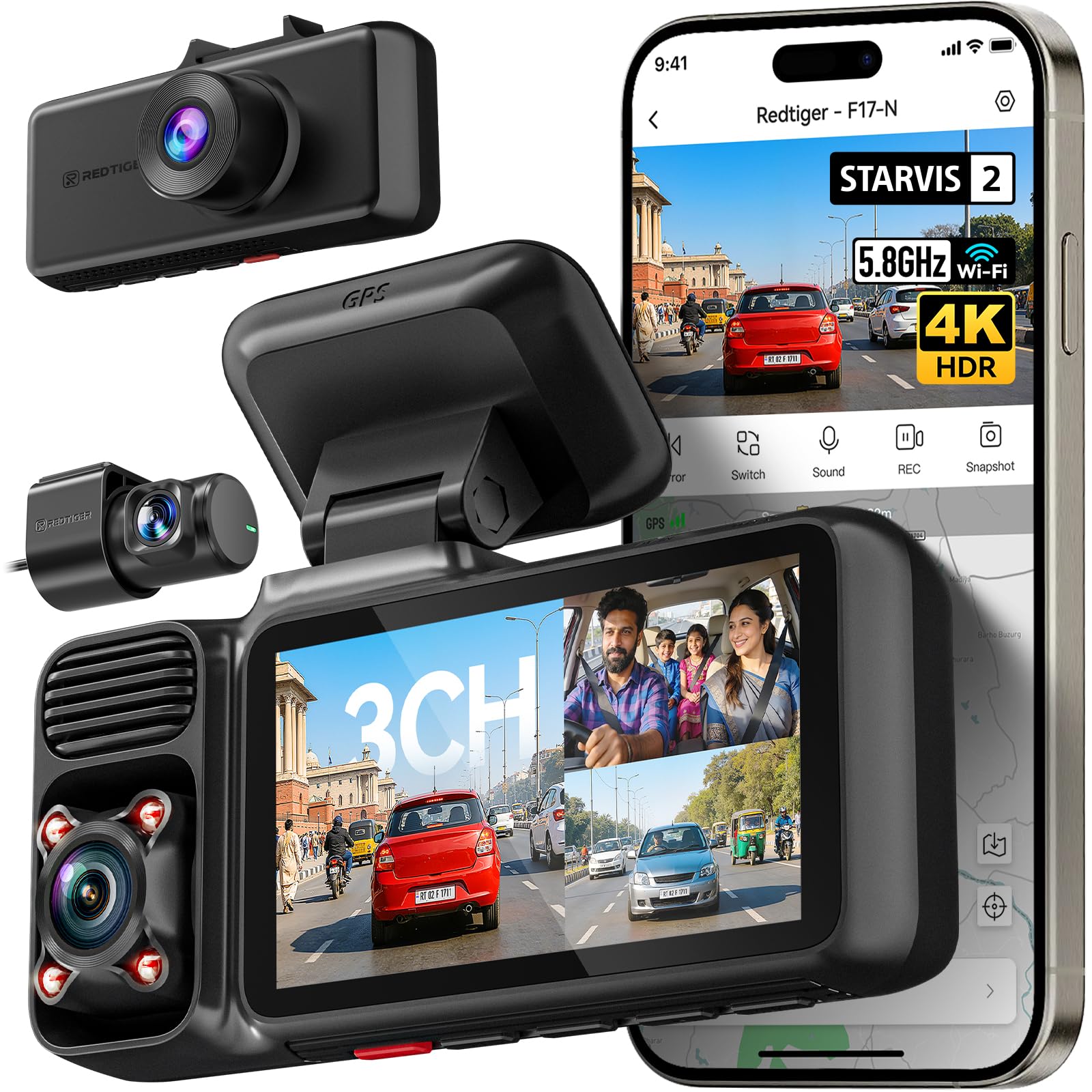 REDTIGER 4K 3 Channel Dash Cam 5G WiFi Built-in GPS, Free 64GB Card, 2160P+1080P+1080P Front and Rear Inside Loop Recording, Triple Car Camera with 3 Inch Screen, IR Night View, WDR, Parking Mode-image-33