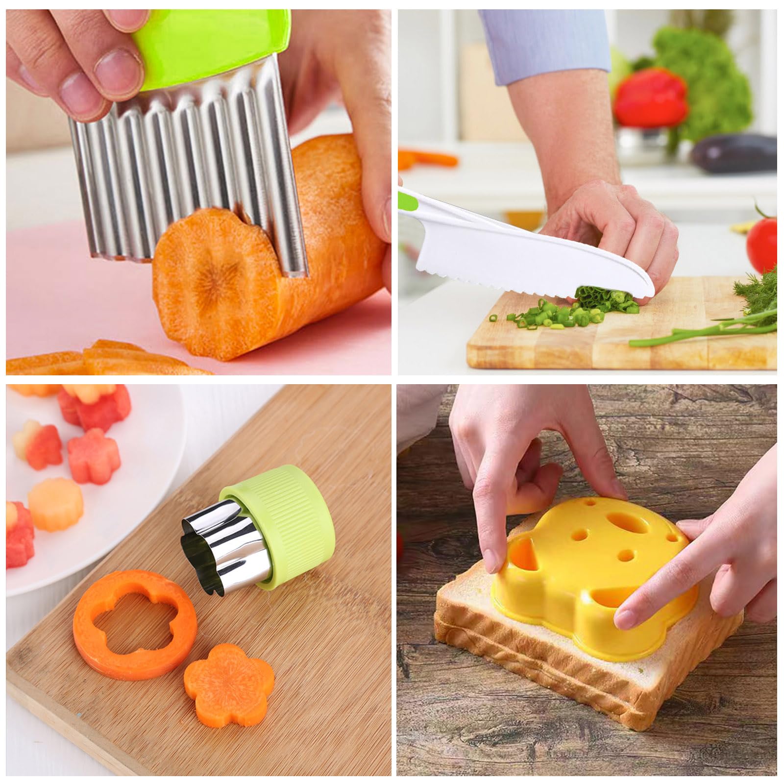 Kindermesser 18-Teiliges Kinder-Küchenmesser-Set, Sicherheit Kndermesser, Sicherheit Küchenmesser zum Schneiden Obst Oder Gemüse, Inklusive Gemüse Ausstechformen Holzmesser Schneidebrett Handschuhe