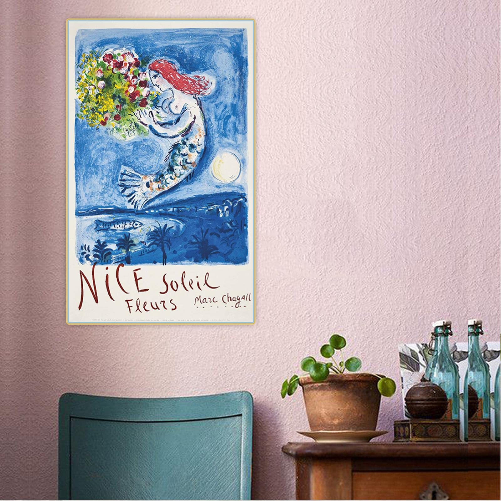 OUSHION ART Surrealismo Galería Arte mural Marc Chagall Flores Sirena Lienzo Pintura Impresiones Noche de luna Cartel de arte para decoración de guardería 105x60cm marco interno