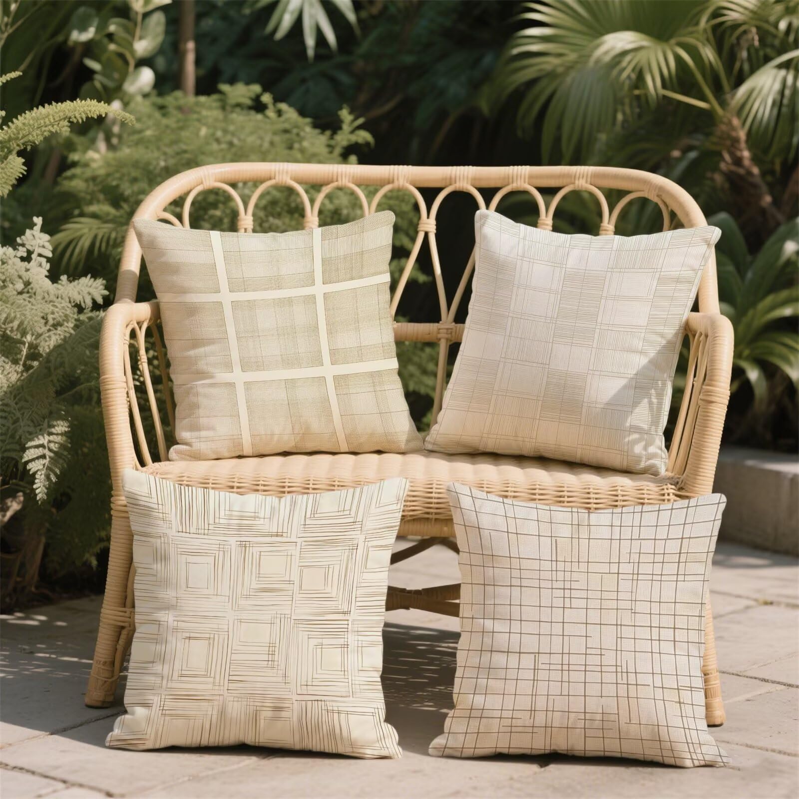 Creme Kissenbezug 65x65, Outdoor Kissen Gitter 4er Set Outdoor Zierkissenbezüge, Doppelseitig Drucken Wetterfest Leinen Kissen, mit Unsichtbarem Reißverschluss für Luxus Garten Terrassen Deko S-909