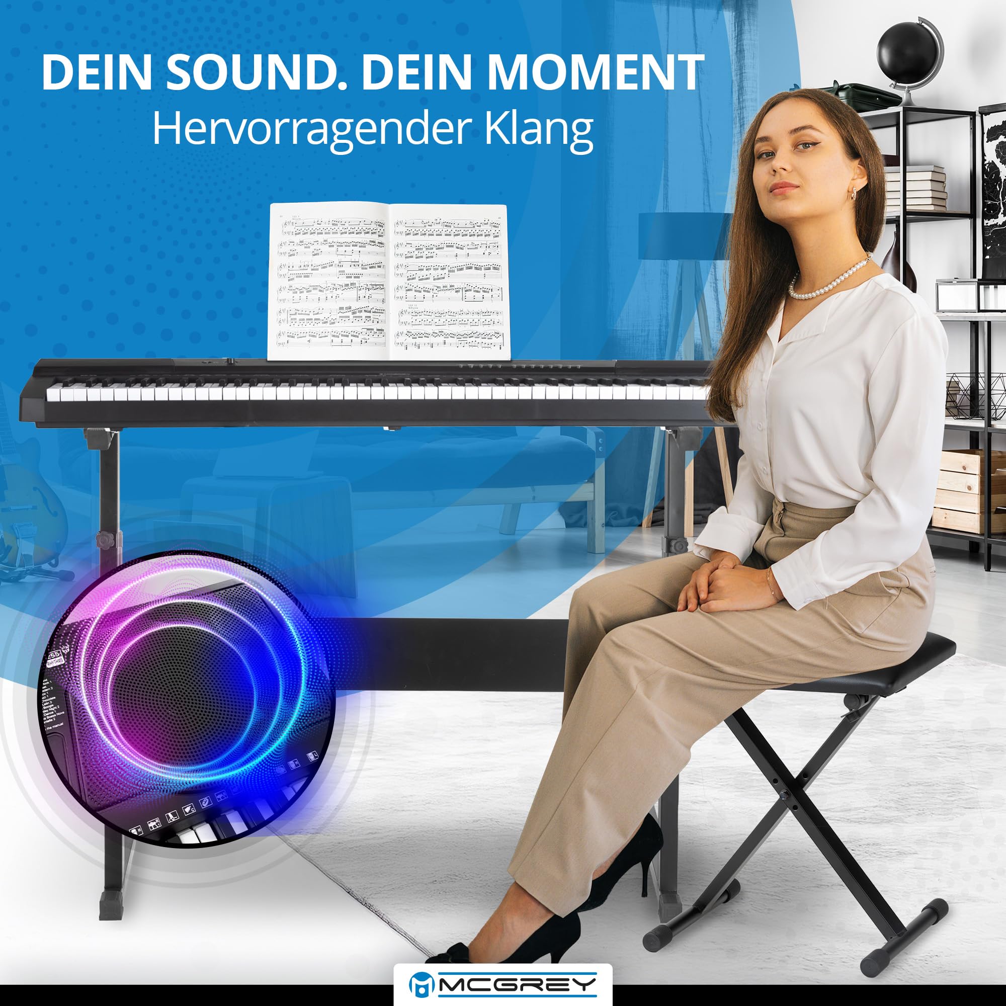 McGrey LK-6150 61 Tasten Set - Elektronisches Keyboard mit 61 Tasten - Leuchttasten und Lautsprecher - inkl. Z-Ständer - Schwarz