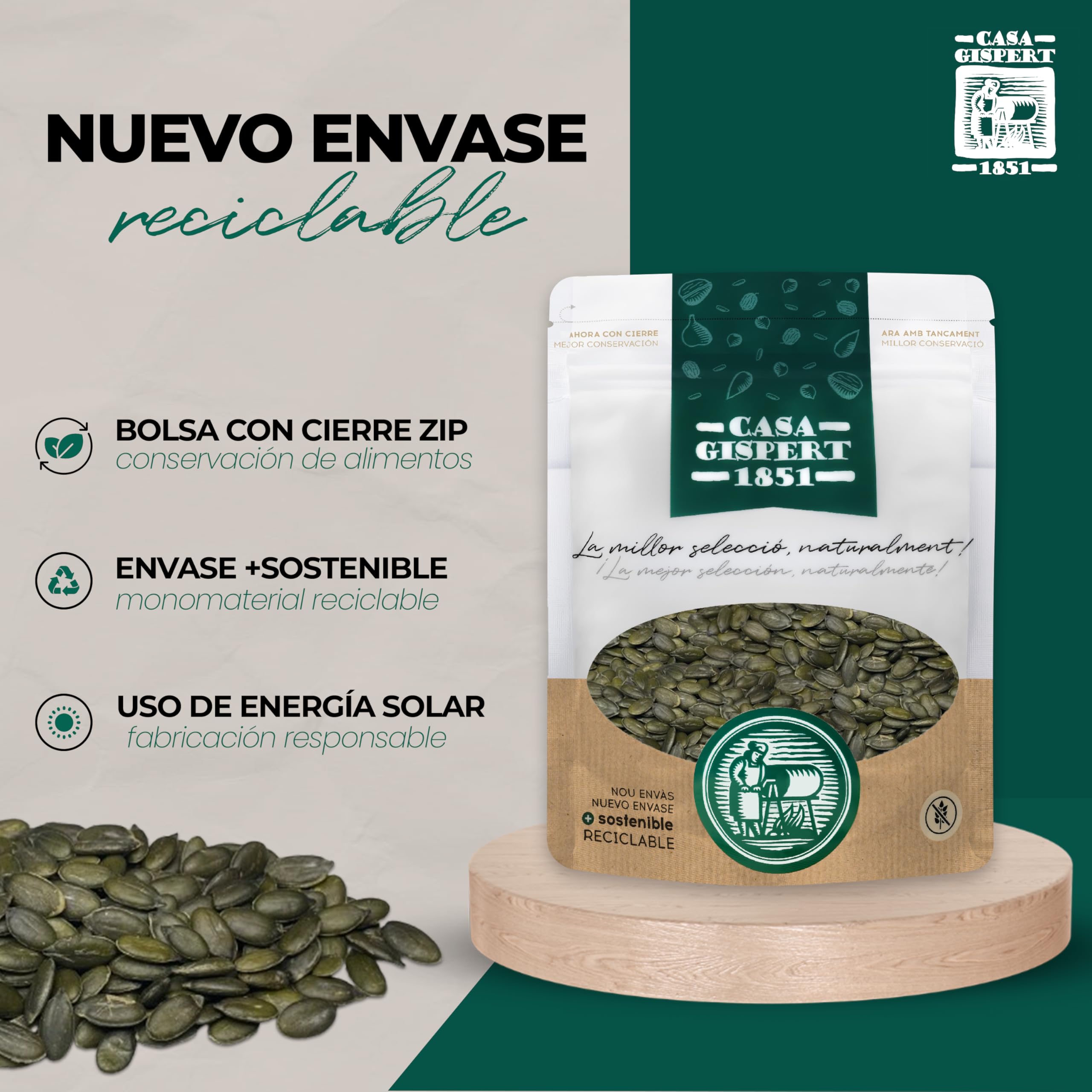 Casa Gispert - Pipas de Calabaza Peladas - Semillas de Calabaza - Sin Gluten, Vegano - 500gr