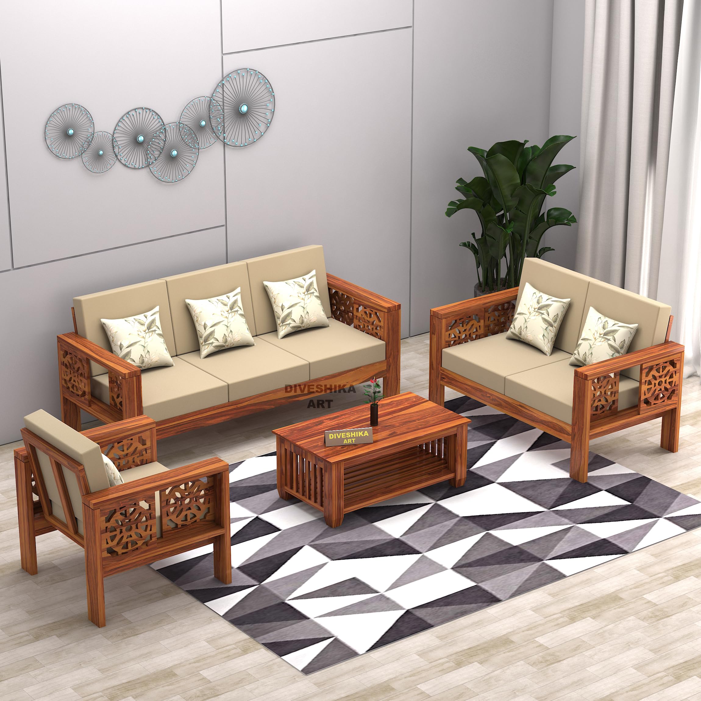 DIVESHIKA ART Wooden Sofa Set for Home | CNC Carving Design | 6 Seater Sheesham Wood Furniture with Cushions (Natural)-image-22