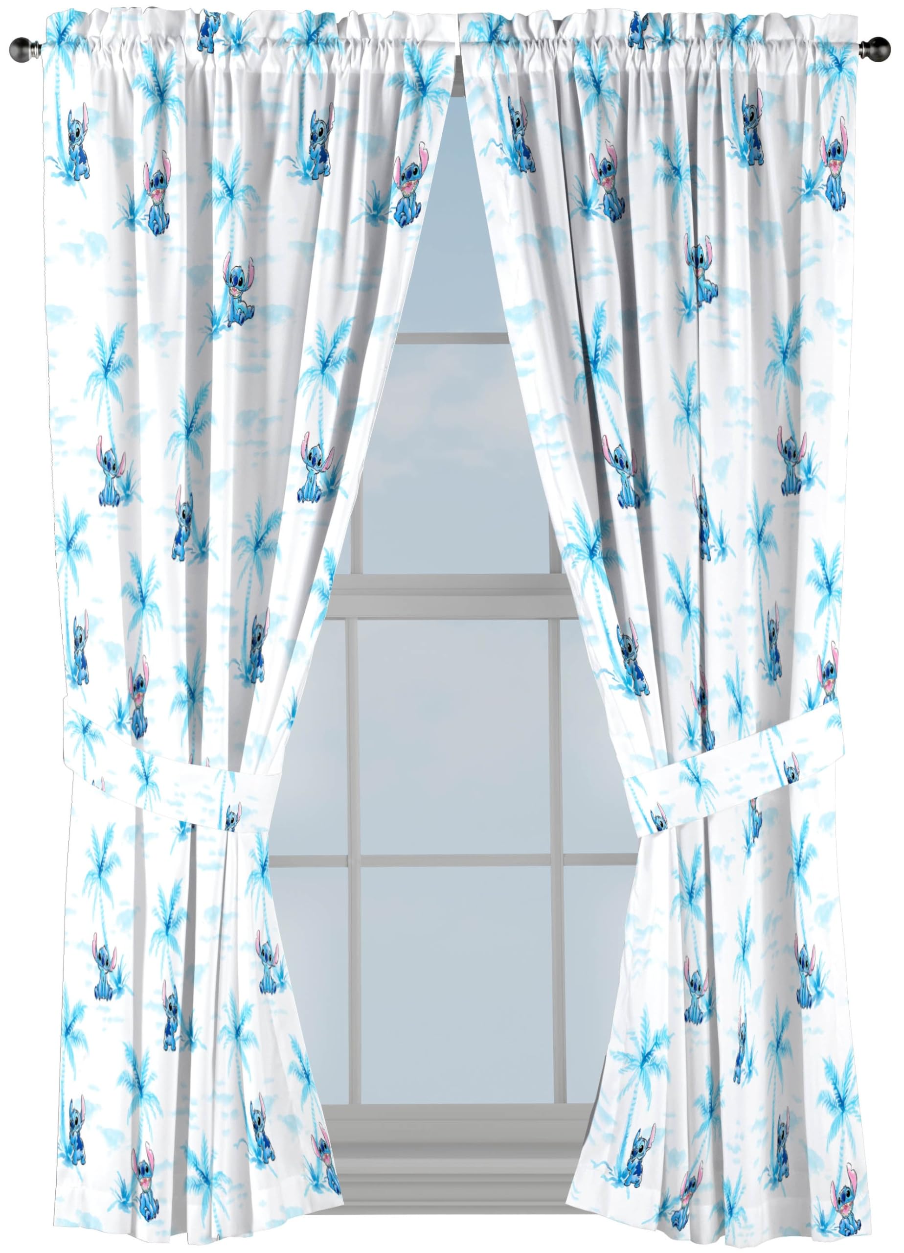 Jay Franco Black Out Window Curtains for Kids Bedroom 4-Piece Drape Set with 2 Tiebacks, White - Lilo & Stitch, 42" W x 63" L (Pack of 2)