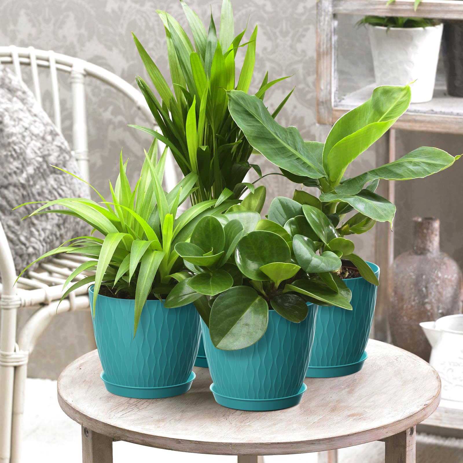 Homeuouz Plastic Plant Pots Indoor, 5 Pack 15cm Stripe Grooves Flower Pots with Drainage Holes and Tray - Image 2