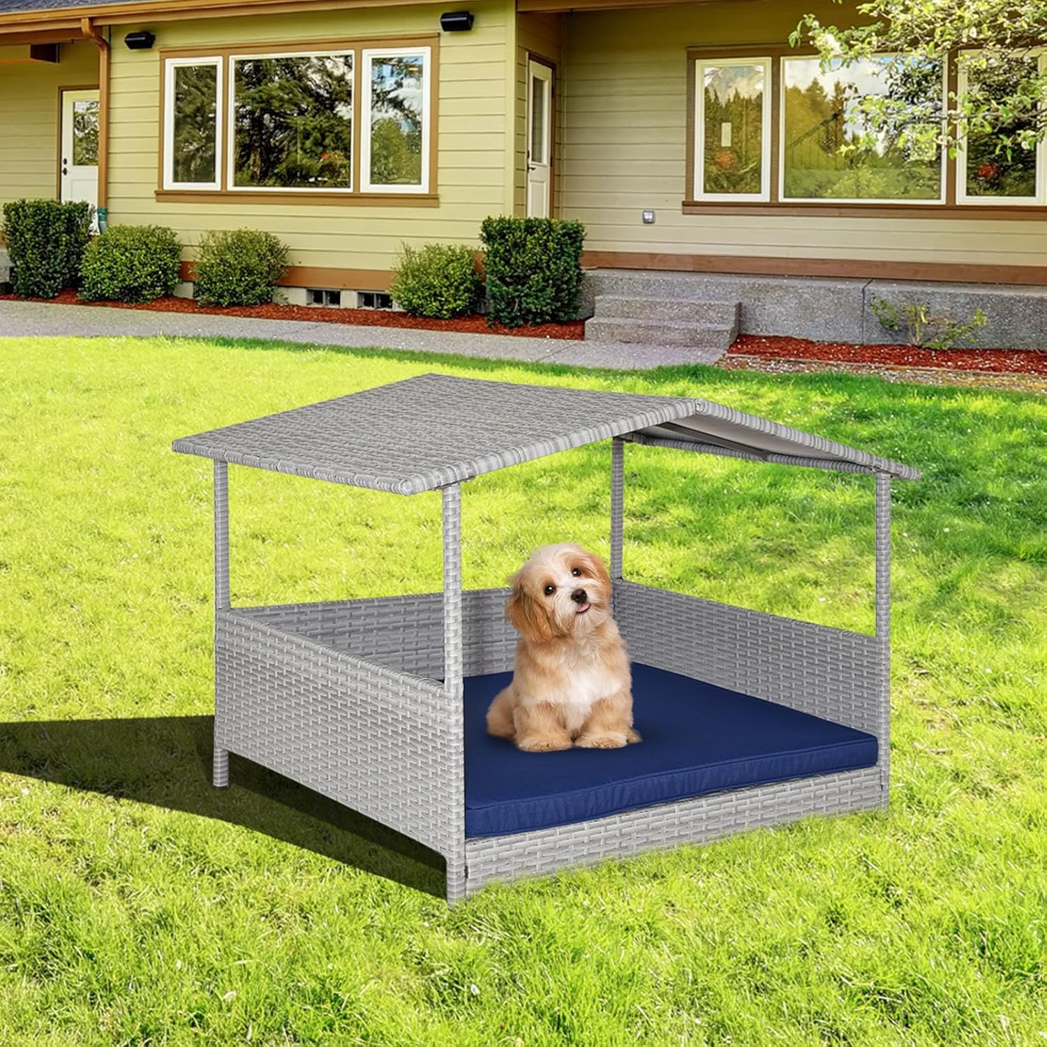 Tangkula Wicker Dog House, Indoor Outdoor Raised Rattan Dog Bed w/Removable Cushion, Washable Cover, Weatherproof Roof, Rattan Puppy Shelter w/Elevated Floor for Small Medium Dogs (Grey & Navy)