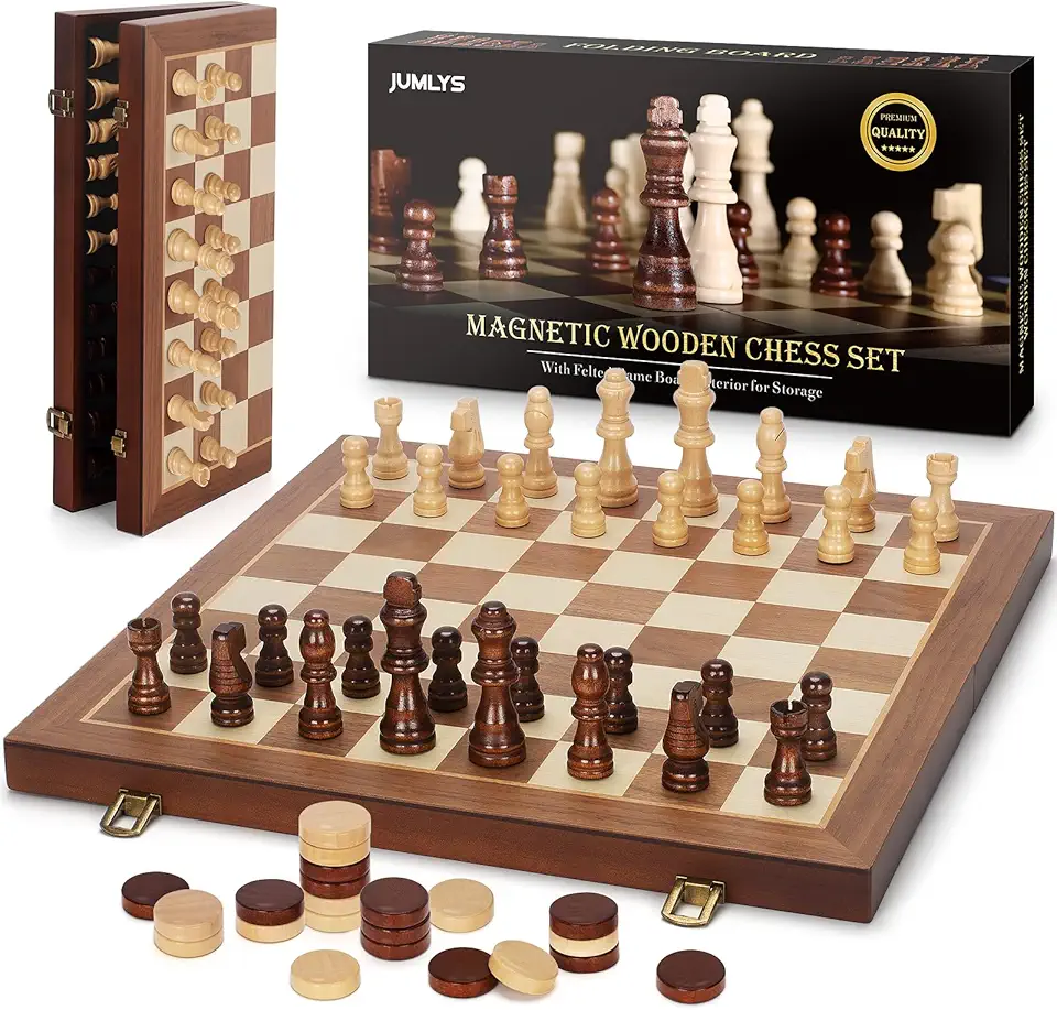 2 in 1 Magnetic Chess Set &amp; Checkers Board Game, 15" Wooden Folding Chess Board with 2 Extra Queens, Portable Travel Chess Set with Pieces Storage Slots, Beginner Chess Board Game for Adults 