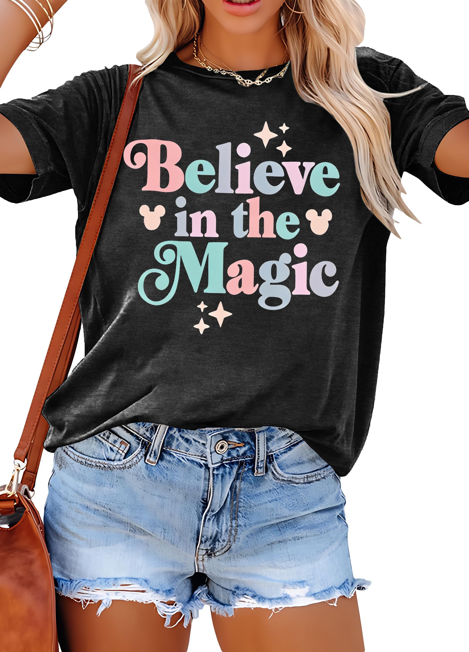FRYAID Magical Shirt Women Believe in The Magic Tshirt Kingdom Castle Tie Dye Tee Family Holiday Vacation Short Sleeve Tops