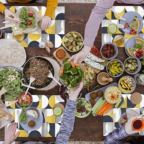 Miniatura 5 de Juego de 4 manteles individuales geométricos amarillos y negros, lavables, de PVC para mesa de cocina, retro, de siglo medio del norte de Europa