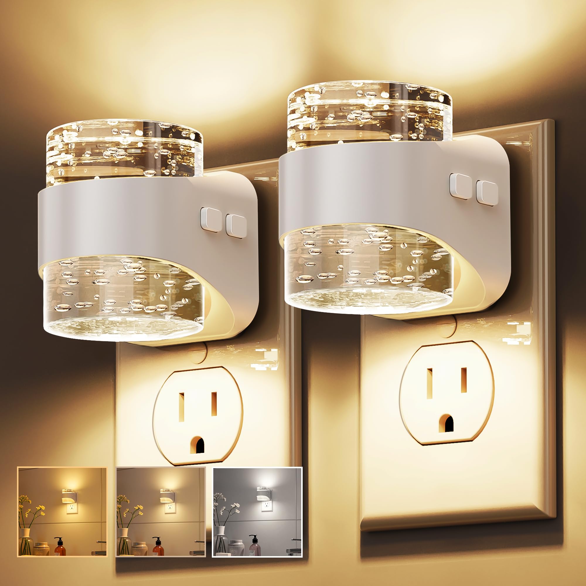 - L LOHAS LED Night Light, 3CCT Bubble Night Lights Plug into Wall,2 Pack 3000K/4000k/5000K Adjustable Night Light,Dimmable Nightlights with Dusk to Dawn Sensor for Rooms Bathroom Hallway