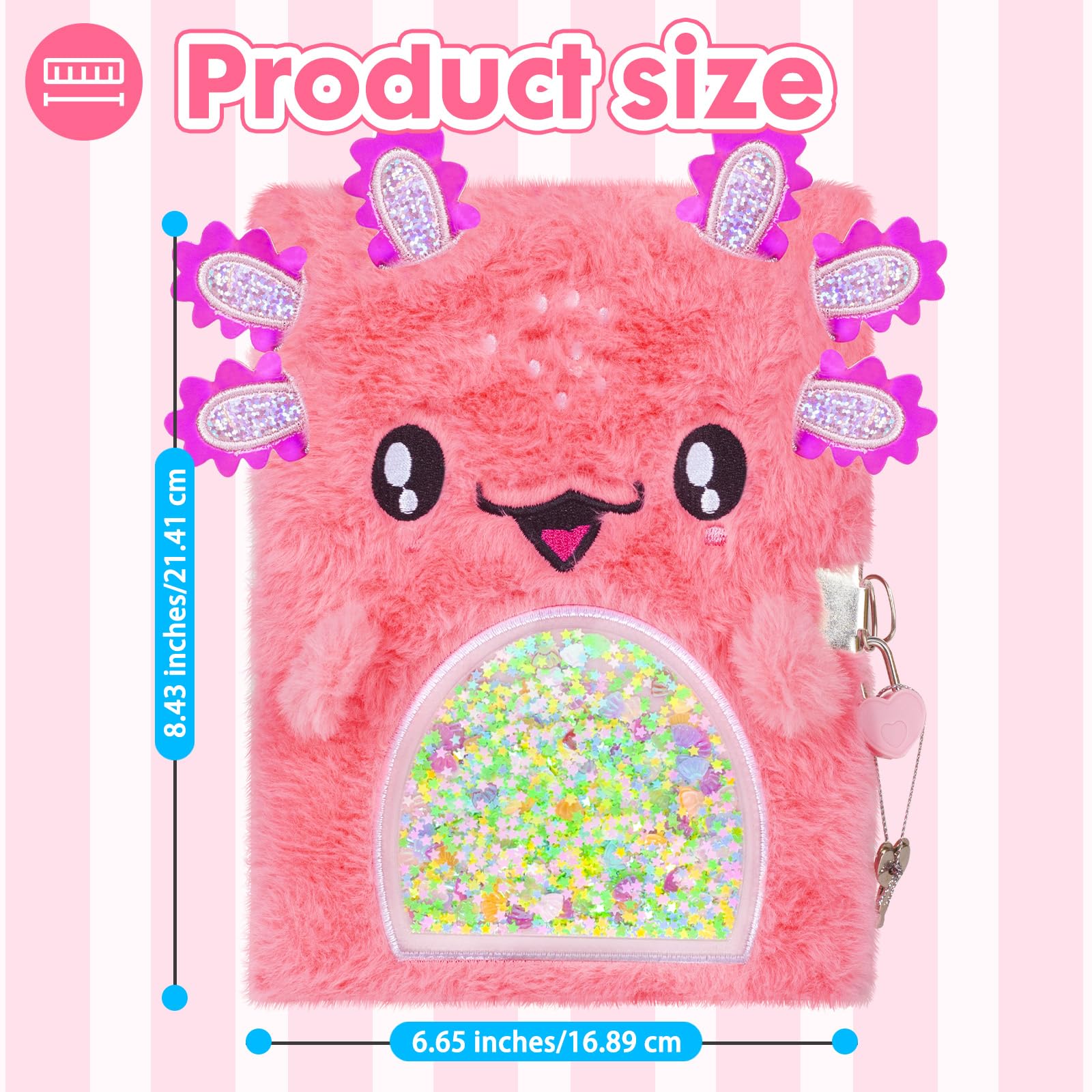 Pinkgarden Axolotl Plush Diary for Girls with Lock and Key Soft Furry Notebook with Salamander Design, 160 Pages - Image 2
