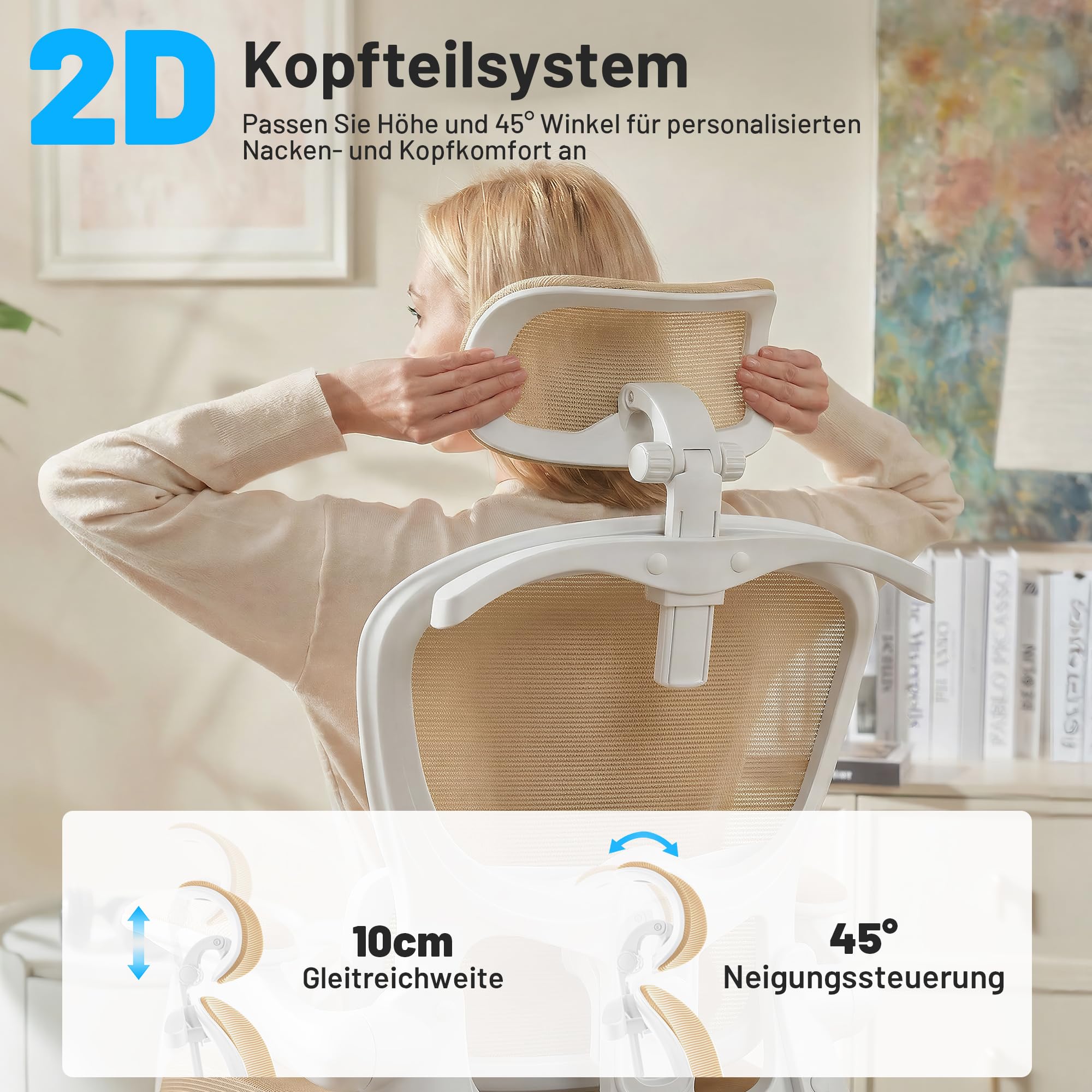 Ergonomischer Bürostuhl mit Kopf- & Lendenstütze, Khaki | belastbar bis 150 kg , Atmungsaktive Netzbespannung, höhenverstellbarer Drehstuhl mit Rollen, für Büro & Homeoffice