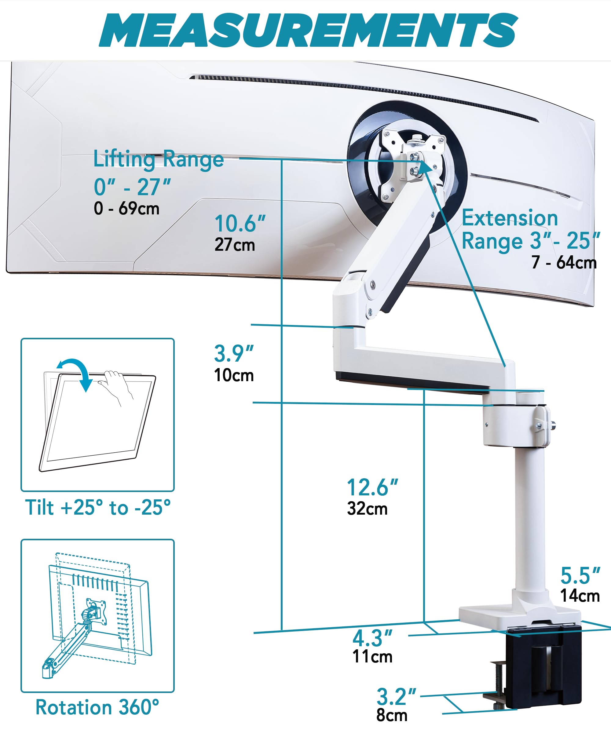 ULTRARM Braccio Heavy Duty per Monitor 57” – Regolabile in Altezza con Molla Pneumatica, Supporto da Scrivania VESA 75x75/100x100, Fino a 20 kg, Bianco, MA20PW-S
