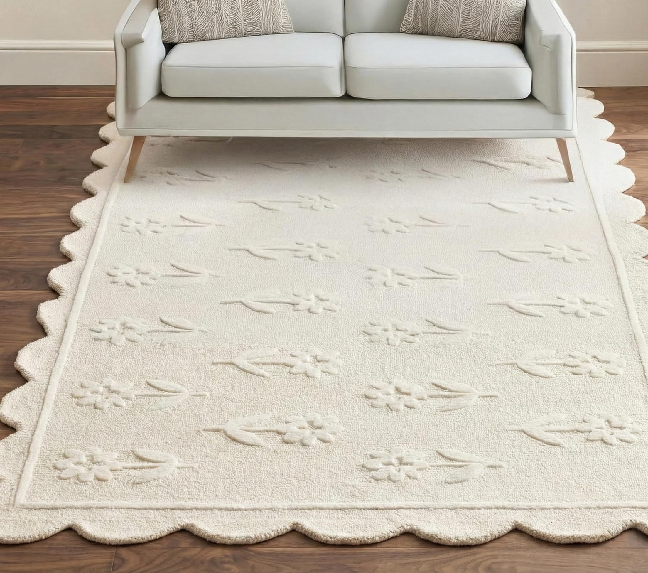 RugsBazaar Jessa Scallop Floral Rug – Handmade Wool Area Rug with Non-Slip Cotton Backing – Soft and Durable – Ideal for Living Room, Bedroom, and