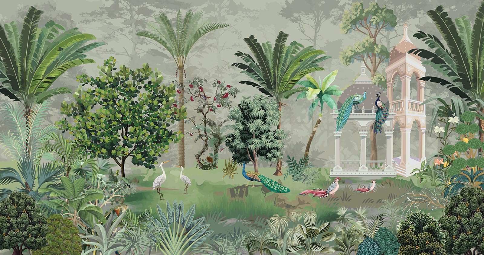 Papier peint panoramique Jardin Oiseaux pour habiller et agrandir un grand mur vide