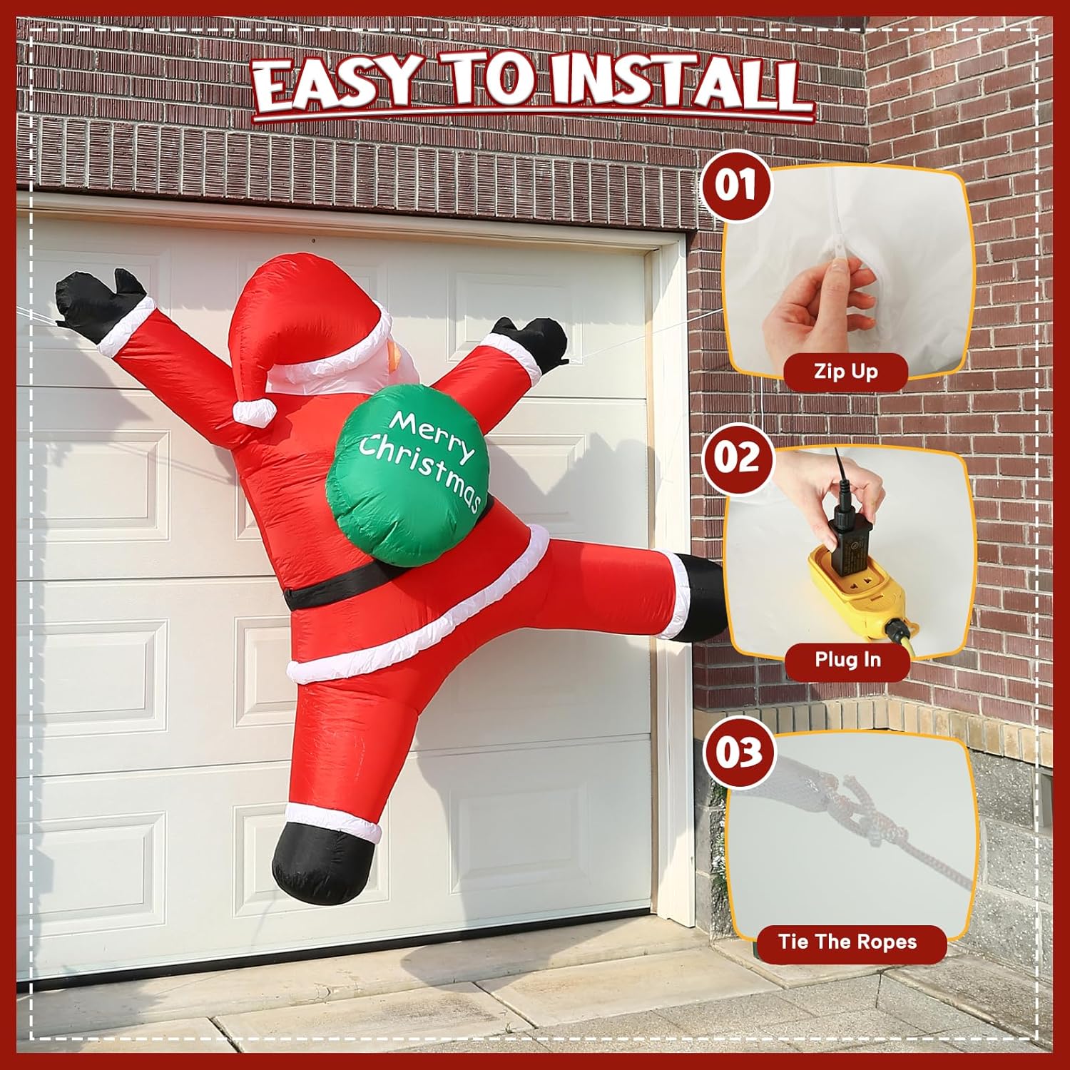 JOYHALO 6FT Christmas Inflatables Hanging Santa Claus Decorations Outside, Santa Hanging from Roof with Gift Bag, Build-in LED Lights, Blow Up Yard Decorations for Indoor, Lawn, Party Decor