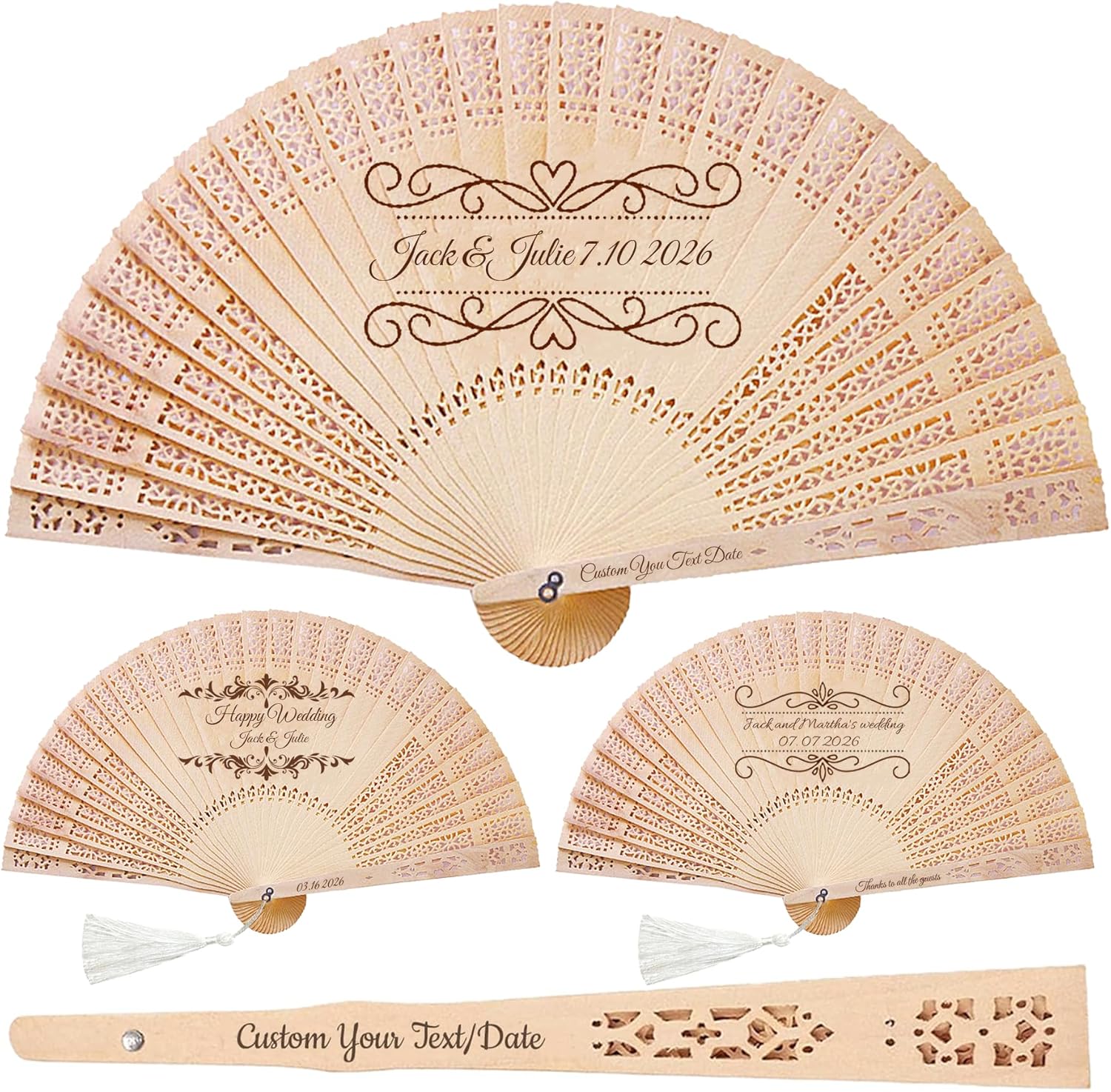 50Pcs Personalized Folding Hand Fans Custom Engraved Summer Wedding Fans, Personalized Wooden Hand Fans Custom Wedding Fans with Organza Bags Wedding Party Favor for Guests (50)