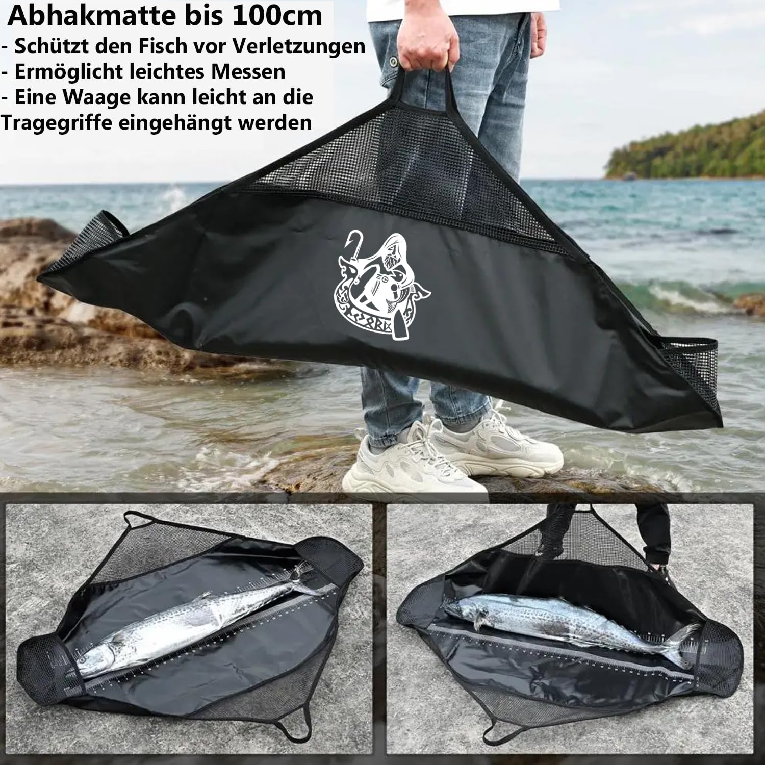 Abhakmatte mit Maßband 120x65cm | Abhakmatte Raubfisch mit Griffen für Transport & Waage | Wiegesack | Abhakmatte Angeln Abhakmatten Abhakmatte für Raubfisch
