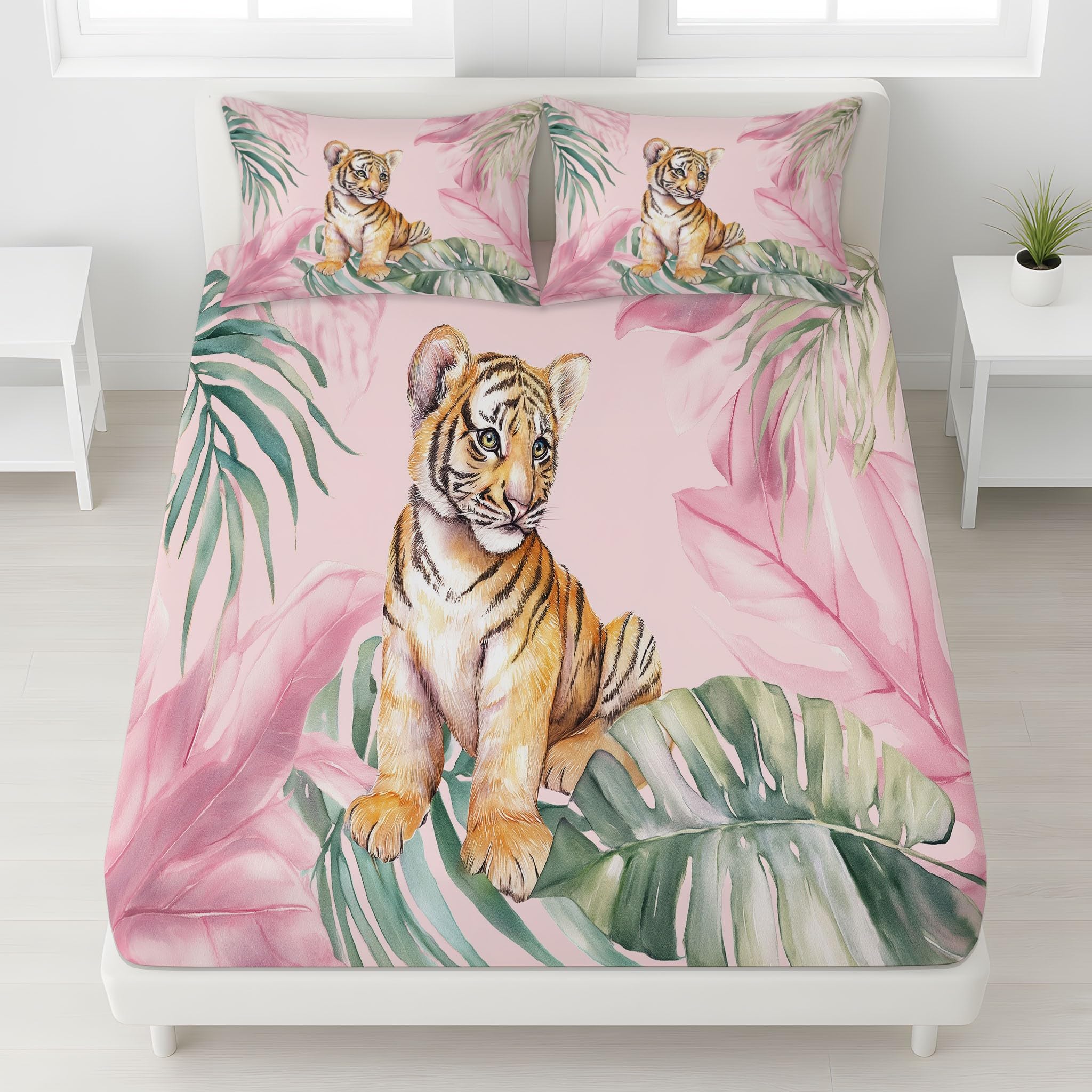 3-teiliges Spannbettlaken 180 x 200 cm - Kinderzimmer Mikrofaser Bettwäsche-Set, Dschungel & Tiger, Tiere & Niedlich Bettlaken Available in 10 Colors