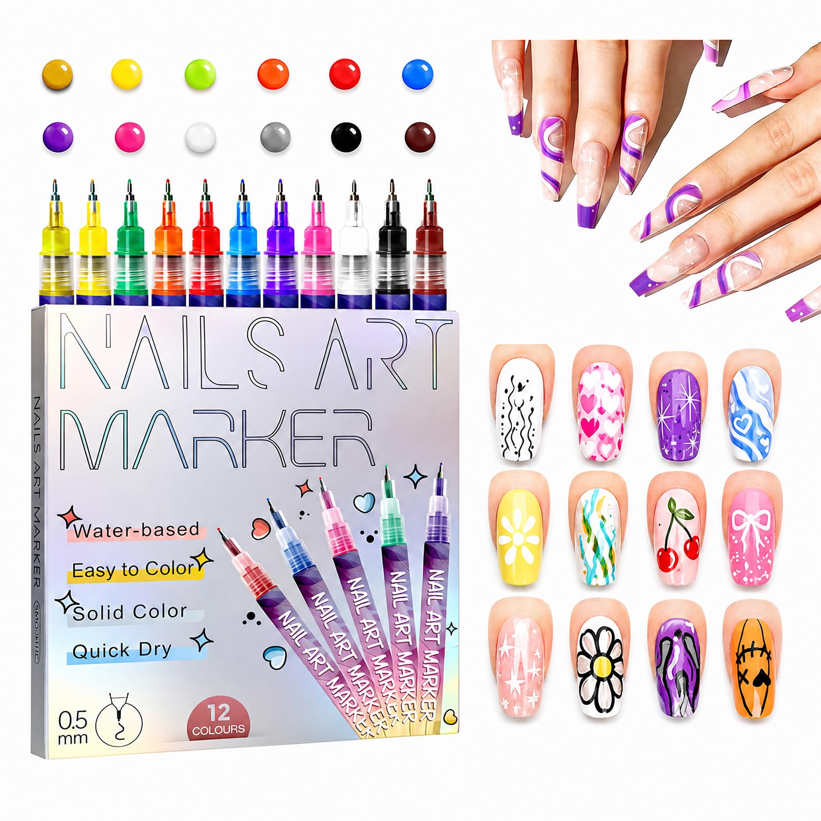 Penne per Nail Art 3D a Punta Fine, 12 Colori 0.5MM - Pennarelli per Unghie Penna Punta Graffiti Pennello per Disegno Puntinatura per Casa Salone per una Rapida Nail Art Fai da Te