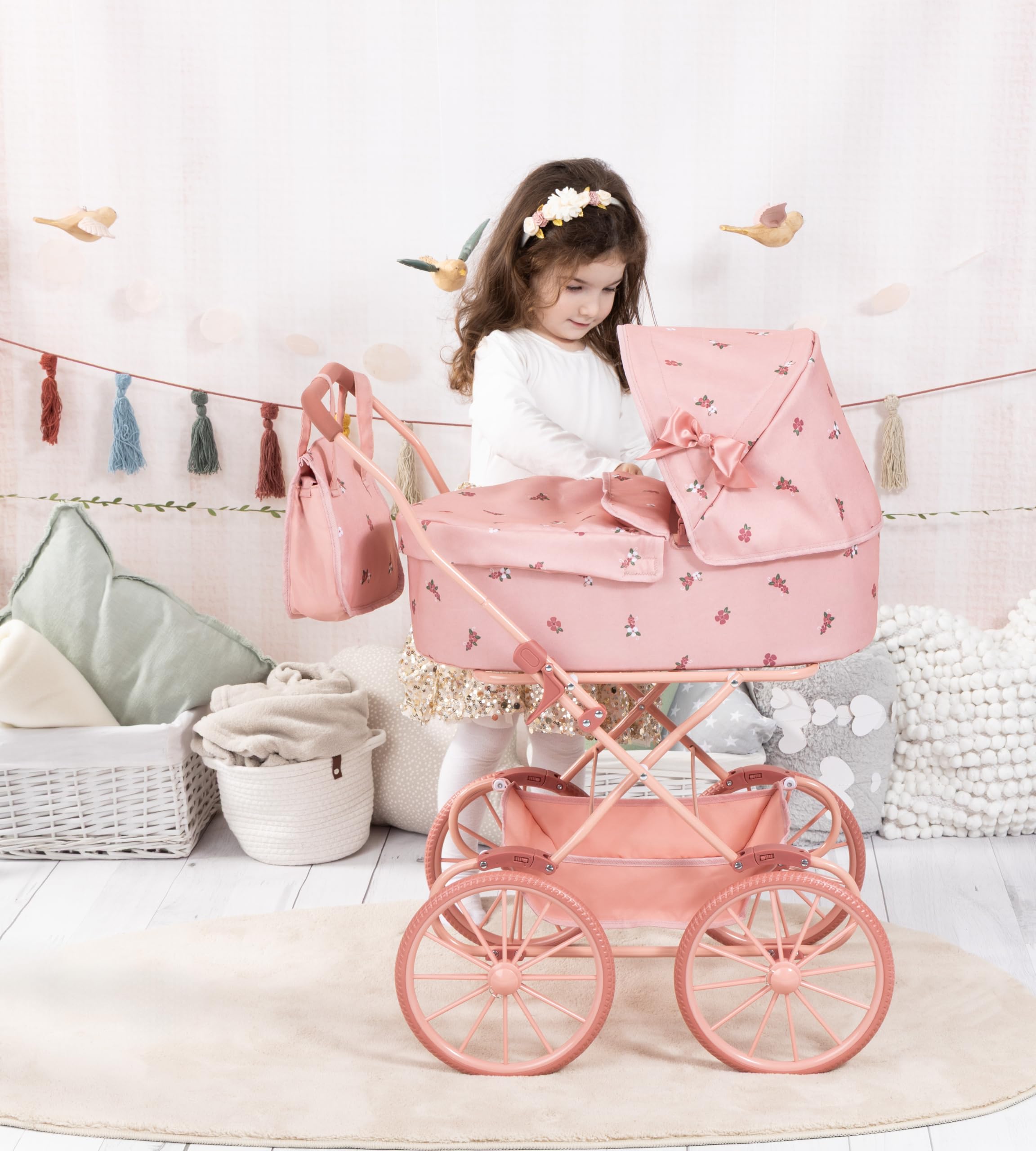 Bayer Design Poussette Landau de poupée nostalgique avec Sac | landau de poupée classique avec grandes roues, coussin, sac, poignée haute, pour poupées jusqu'à 46 cm, panier intégré
