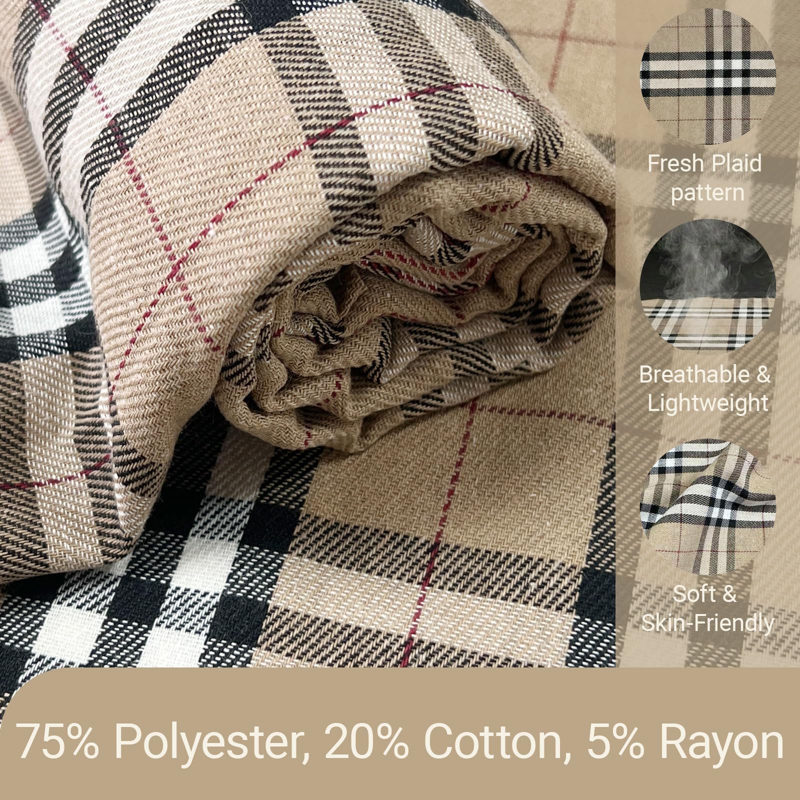 Q&J Fabric Co. 1 Yard x 57Inch Plaid Fabric,Gingham Fabric by The Yard, 4.42 oz/yd²,Checkered Cloth Tartan Poly-Cotton Material for Crafts,Quilting, Apparel,Tablecloths,DIY Decor (Beige) - 3